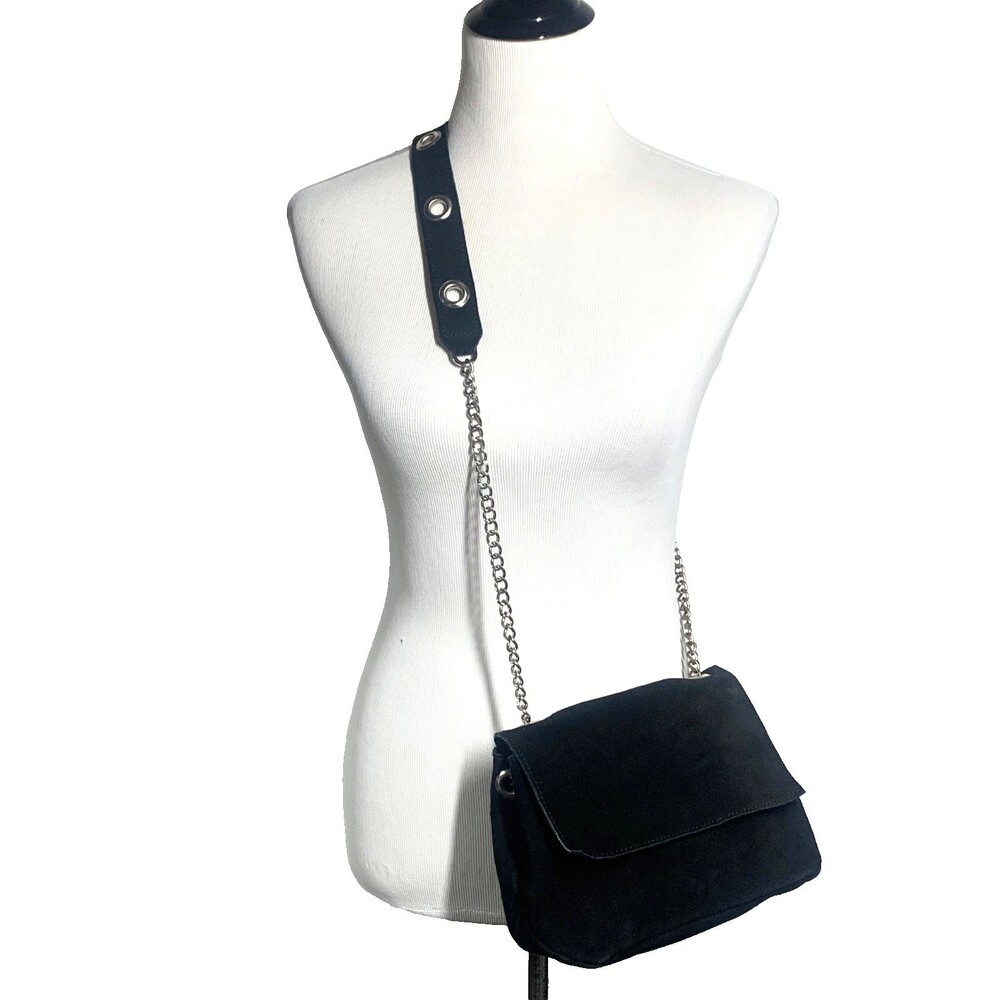 Brandy Melville Black Suede Crossbody Bag Adjustable Chain Grommet Strap Purse